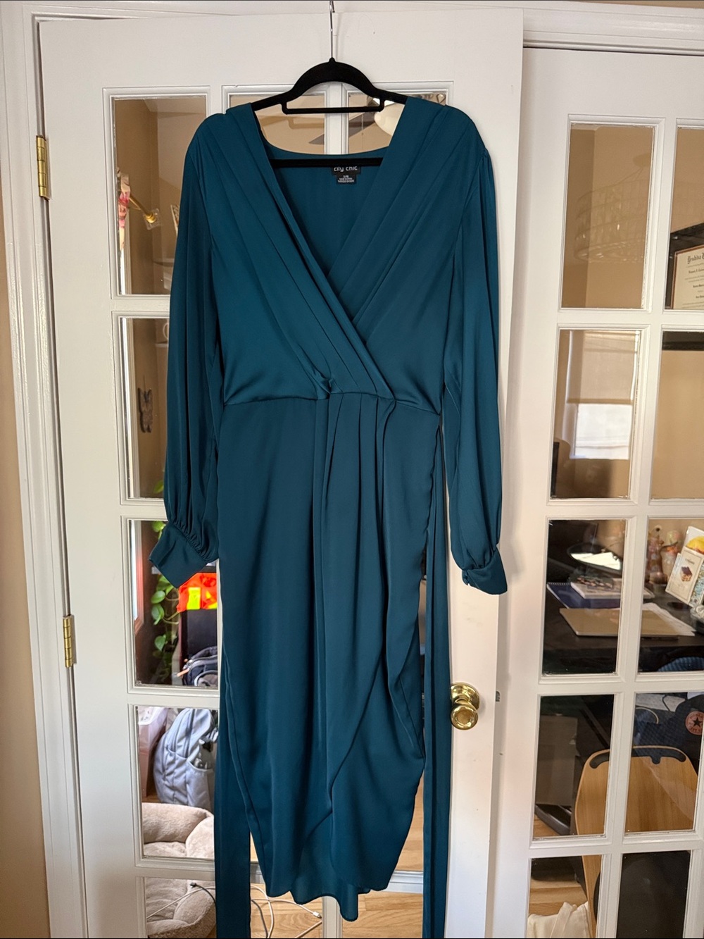 City Chic Teal Wrap-Front Long Sleeve Dress